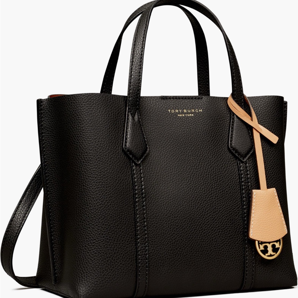 Tory Burch Black Leather Tote With Tan Tag Accent